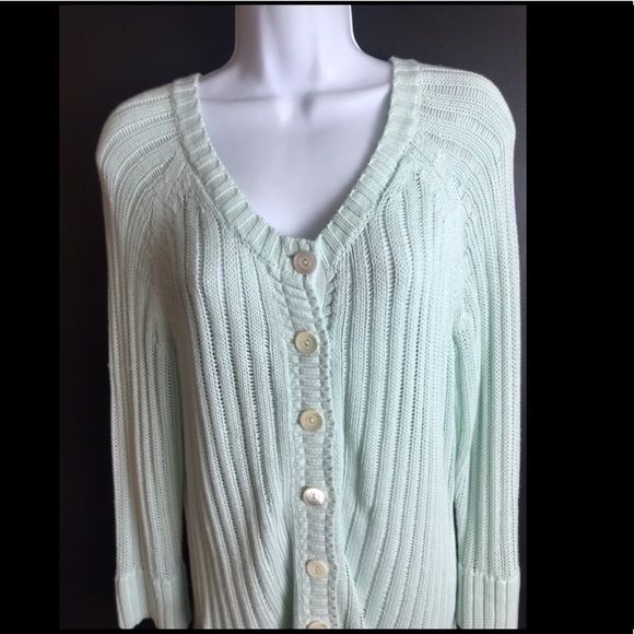 SUNDANCE Catalog Cardigan Sweater Ribbed Knit Blue Green Linen Cotton - Picture 5 of 7